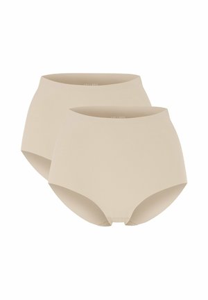 To par beige højtaljede sømløse dameunderbukser, vist forfra på hvid baggrund.