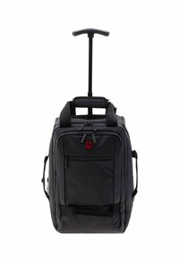 Zaino con rotelle in nylon nero, dotato di manico retrattile, maniglie di trasporto superiori e laterali, e una tasca frontale con zip per lo stoccaggio.