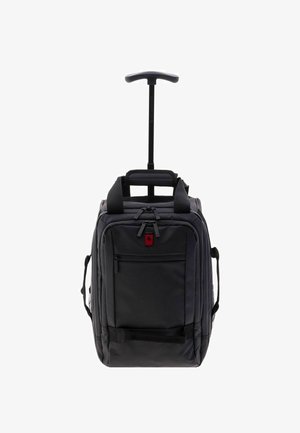 Zaino con rotelle in nylon nero, dotato di manico retrattile, maniglie di trasporto superiori e laterali, e una tasca frontale con zip per lo stoccaggio.