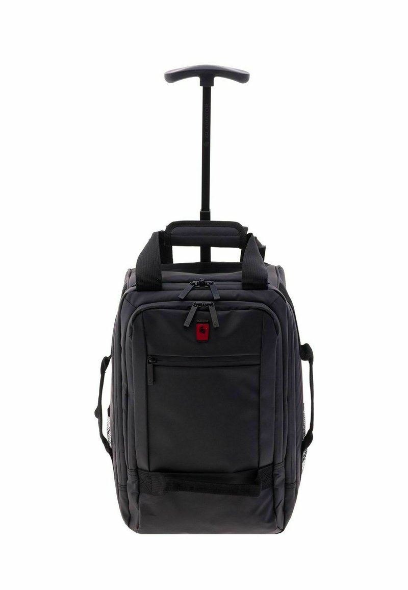 Zaino con rotelle in nylon nero, dotato di manico retrattile, maniglie di trasporto superiori e laterali, e una tasca frontale con zip per lo stoccaggio.