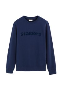 Sudadera de cuello redondo de color azul marino con mangas largas y el logo "Scalpers" grabado en el pecho en un azul oscuro a juego.