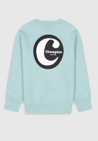 Sudadera azul claro de algodón con un logo redondo en negro y blanco de "Champion" en la parte posterior. Presenta puños y dobladillo acanalados.
