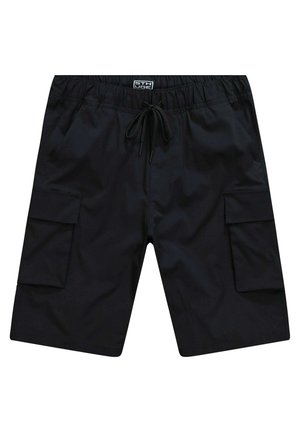 Black cargo shorts made of lightweight fabric; features an elastic waistband, drawstring, and multiple side pockets.