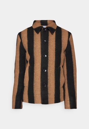 Braun und schwarz gestreifte Wolljacke mit spitzem Kragen, vorderem Knopfverschluss und zwei Seitentaschen. Strukturierter Stoff.