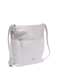 Borsa a tracolla in pelle e materiale sintetico con parte superiore lucida argentata e parte inferiore bianca opaca. Dotata di una cerniera e di una tracolla regolabile.