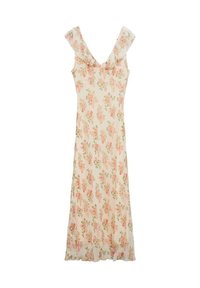 Robe fleurie en tissu léger et transparent. Présente un col doux à volants, avec des motifs de roses roses et vertes sur un fond crème.