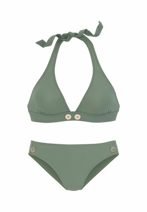 Green two-piece halter bikini with beige buttons on top center and bikini sides.