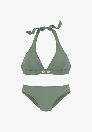 Green two-piece halter bikini with beige buttons on top center and bikini sides.