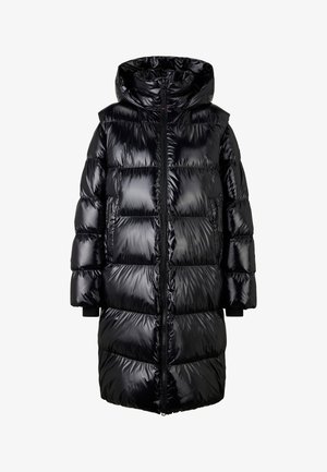 Schwarze Pufferjacke mit glänzender, gesteppten Design, ausgestattet mit Kapuze, langen Ärmeln und Seitentaschen, vorne mit Reißverschluss.