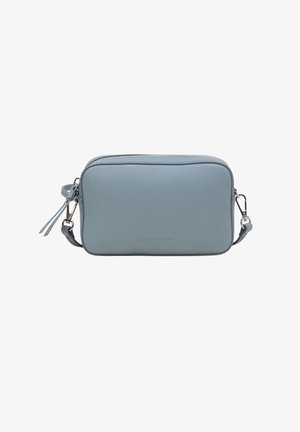 Sac bandoulière rectangulaire en cuir bleu clair avec fermeture éclair argentée et crochets de sangle amovibles sur fond blanc.