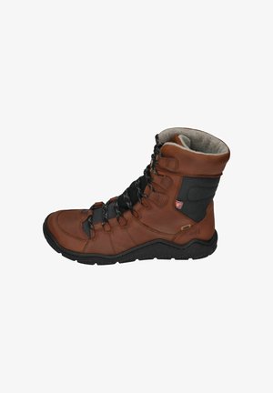 Brown leather hiking boot with black textile panels, featuring lace-up front and padded collar. Durable rubber sole for traction.
