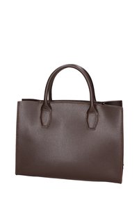 Borsa in pelle marrone con due manici corti, forma strutturata, superficie testurizzata e design aperto. Nessun dispositivo di chiusura o decorazione visibile.