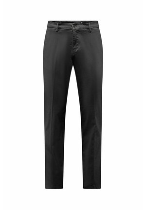 Zwarte broek in een straight-leg ontwerp, gemaakt van een gladde stof. Voorzien van een knoopsluiting en riemlussen zonder zichtbare patronen of accents.