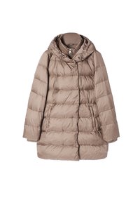 Beige pufferjack met capuchon, voorzien van een gewatteerd patroon, ritssluiting aan de voorkant, zijzakken en verstelbare trekkoorden bij de capuchon.