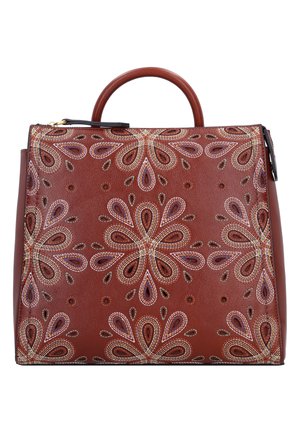 Sac à main en cuir marron avec broderie florale symétrique blanche, violette et verte, doté d'une poignée supérieure arrondie et d'une fermeture éclair.