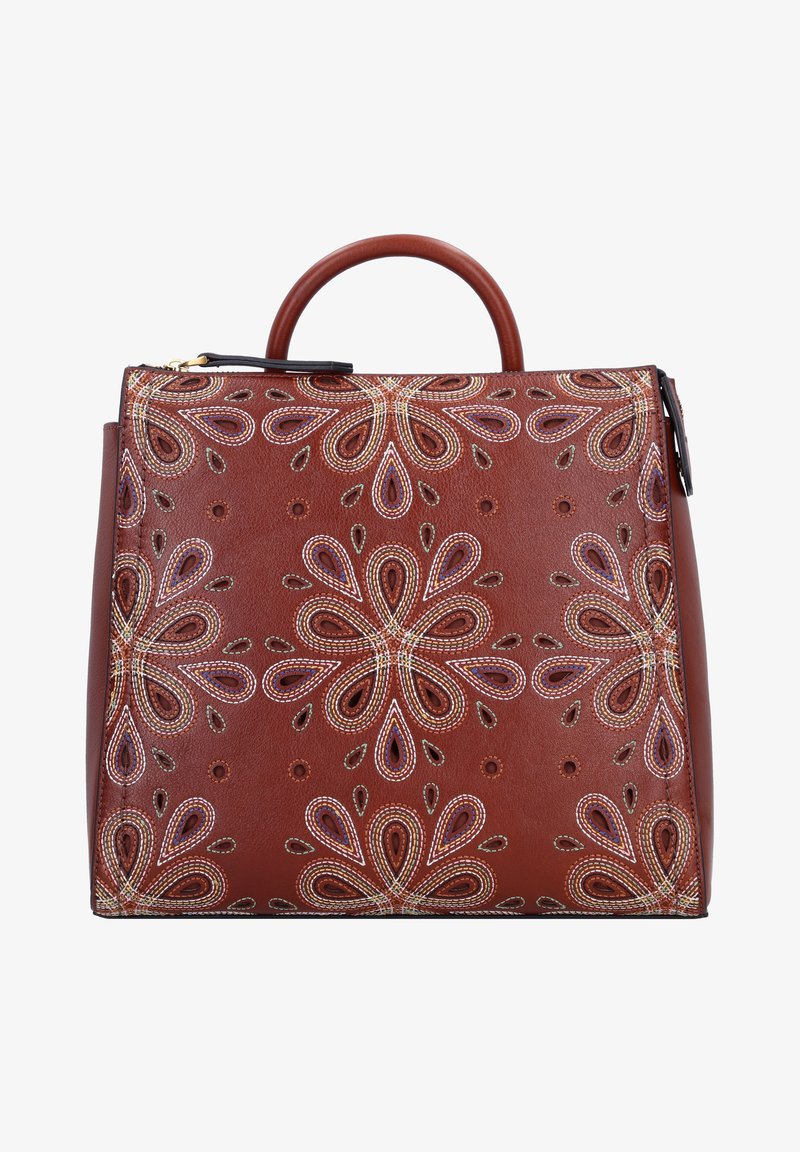 Sac à main en cuir marron avec broderie florale symétrique blanche, violette et verte, doté d'une poignée supérieure arrondie et d'une fermeture éclair.