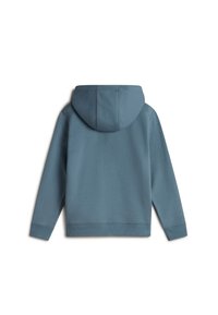 Felpa con cappuccio in blu tenue, caratterizzata da una texture morbida, maniche lunghe e tasca a marsupio. I dettagli delle cuciture aggiungono struttura.