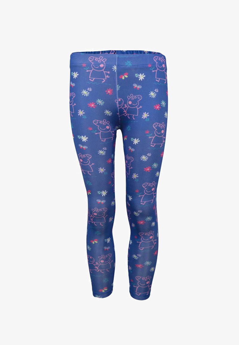 Leggings en tissu bleu ornés d'un motif de personnages Peppa Pig roses et de fleurs colorées. Taille élastique, design ajusté.