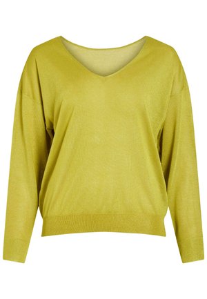 Sveter s výstrihom do V, s dlhými rukávmi v jasnej žltozelenej farbe, vyrobený z mäkkej, mierne lesklej látky s voľným strihom a rebrovaným lemom.