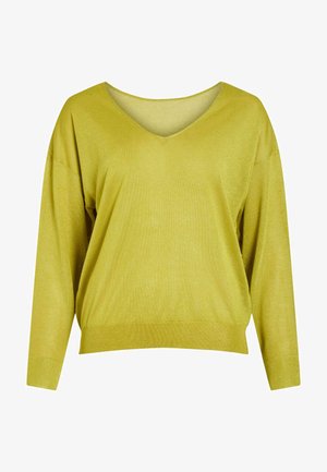 A formosios geltonai žalios spalvos V-kaklo suknelė, ilgomis rankovėmis, pagaminta iš minkštos, šiek tiek blizgios medžiagos, su laisvu siluetu ir raukinėta apdaila.