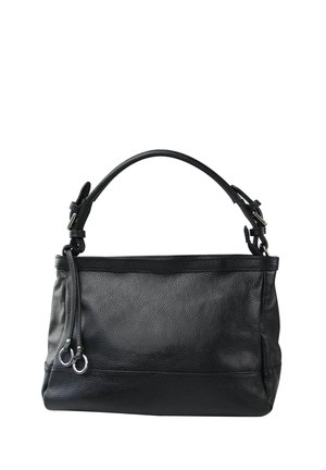 Sac à main en cuir noir avec surface texturée, une poignet supérieur, une bandoulière ajustable et deux anneaux en métal argenté sur le côté.