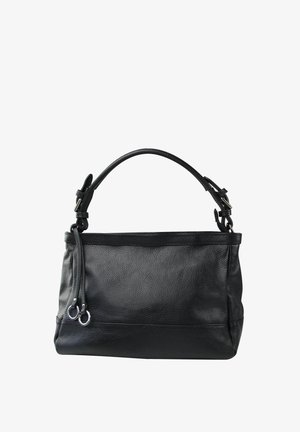 Black leather handbag with textured surface, single top handle, adjustable strap, and two silver-tone hardware rings on the side.