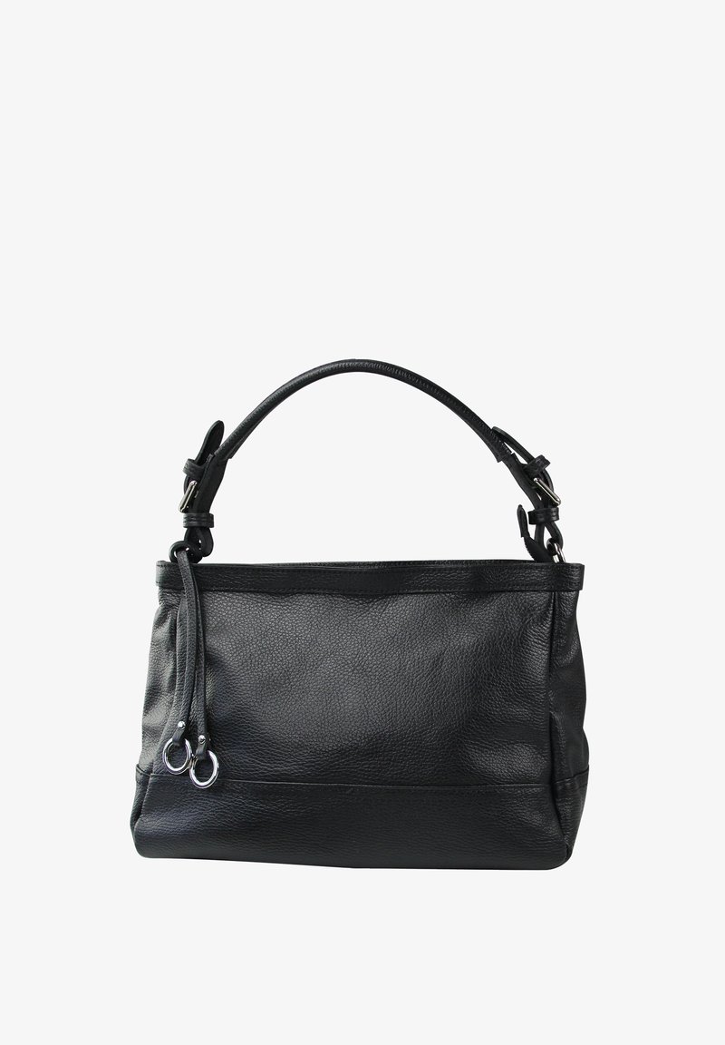 Sac à main en cuir noir avec surface texturée, une poignet supérieur, une bandoulière ajustable et deux anneaux en métal argenté sur le côté.