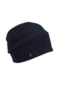 Căciulă în nuanță de bleumarin închis, realizată dintr-un material moale și texturat, cu un design pliat și un accent mic cu logo metalic pe lateral.