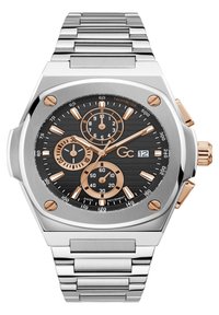Silver stainless steel watch with a black textured dial and rose gold accents. Features chronograph sub-dials and a date window.