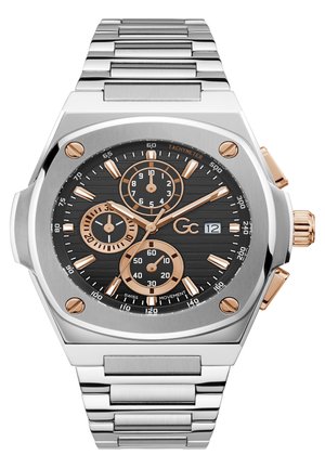 Zilveren roestvrijstalen horloge met een zwart gestructureerde wijzerplaat en rosegouden accenten. Bevat chronograaf sub-dials en een datavenster.