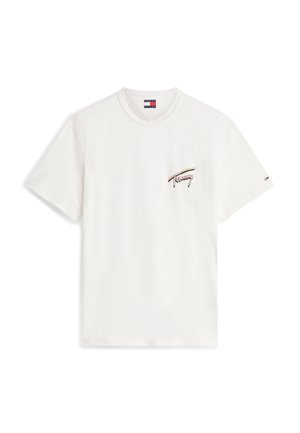 Hvid T-shirt med korte ærmer og lille brystlomme-logo med "Tommy" skrift og et lille flag på venstre ærme.