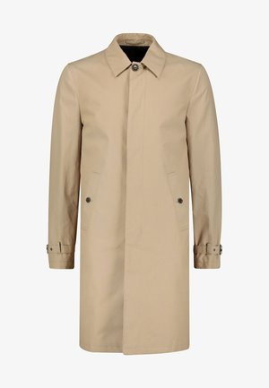 Beige Trenchcoat aus strapazierfähigem Stoff mit klassischem Kragen, vorderem Knopfverschluss, seitlichen Taschen und verstellbaren Manschettenriemen.
