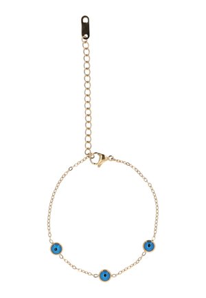Delikat armbånd med guldkæde med tre små blå onde øje-vedhæng og justerbar lås.