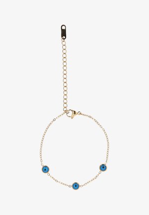 Delikat armbånd med guldkæde med tre små blå onde øje-vedhæng og justerbar lås.