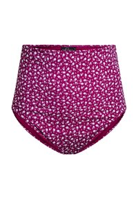Tume magenta kõrge vöökohtadega bikinitop, millel on valge lillemuster, sile tekstuur ja elastne vöökoht mugavuse ja toe pakkumiseks.