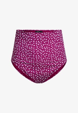 Tume magenta kõrge vöökohtadega bikinitop, millel on valge lillemuster, sile tekstuur ja elastne vöökoht mugavuse ja toe pakkumiseks.