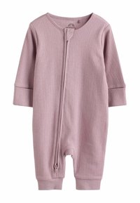 Svetloružové rebrované dojčenské body s dlhými rukávmi, okrúhlym výstrihom a celopredným zipsom, s manžetami na rukávoch a nohavičkách.