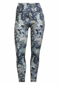 Leggings met een multikleurig abstract patroon in tinten grijs, blauw, geel en zwart. Hoge taille met een gladde stoftextuur.