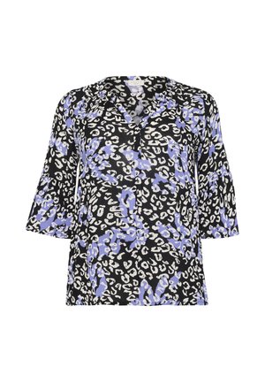 Melna krekls ar violetu un baltu leoparda rakstu, ar V-veida izgriezumu un trīs ceturtdaļu piedurknēm. Viegls, teksturēts audums ar brīvu piegriezumu.