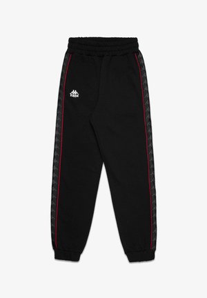 Pantaloni della tuta neri con una cintura elastica, pannelli laterali con un motivo ripetuto del logo in grigio scuro e strisce di accento rosse.