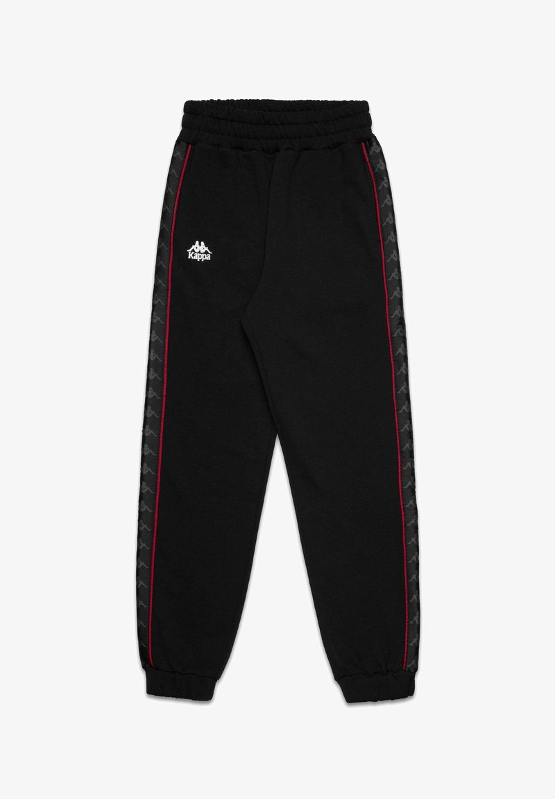 Pantaloni della tuta neri con una cintura elastica, pannelli laterali con un motivo ripetuto del logo in grigio scuro e strisce di accento rosse.