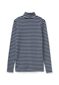 Langärmliges, gestreiftes Turtleneck-Oberteil in Marineblau und Weiß mit tailliertem Design. Weicher Stoff mit gleichmäßigem Streifenmuster und hohem Kragen.