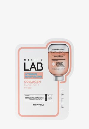 Master Lab intensiv fugtgivende collagen elasticitet ansigtsmaske emballage med illustration af collagenløsning og liste over produktegenskaber.