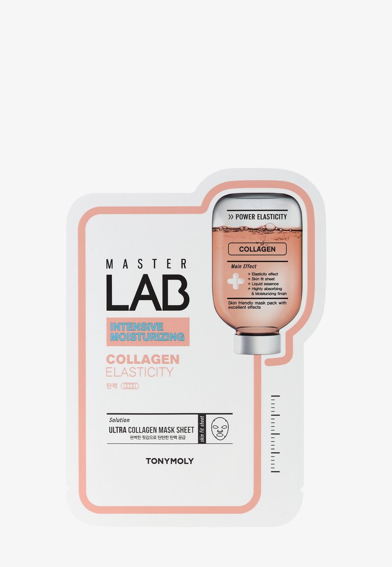 Emballage du masque facial Master Lab Intensive Moisturizing Collagen Elasticity avec illustration de la solution au collagène et liste des bénéfices du produit.