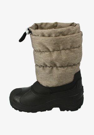 Bruine stoffen sneeuwlaars met een slouchy textiele schacht, zwarte rubberen onderkant, gestructureerde zool en een trekkoord aan de bovenkant voor een verstelbare pasvorm.