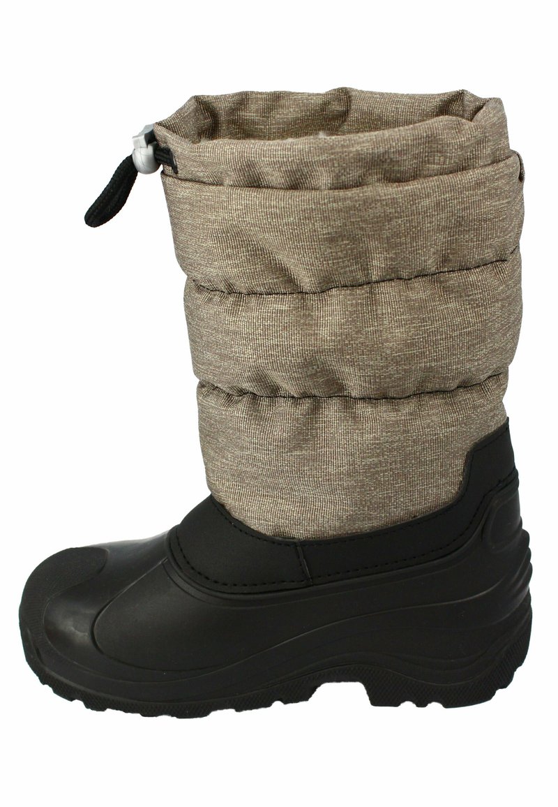 Braune Stoffschneestiefel mit einem lässigen Textilschaft, schwarzem Gummiunterteil, strukturiertem Profil und verstellbarem Zugband am oberen Rand.