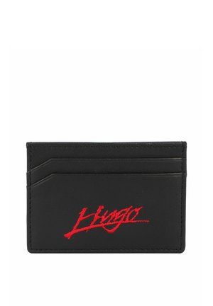 Black leather cardholder featuring embossed red "Hugo" logo, with multiple card slots and a smooth texture. Simple, rectangular design.