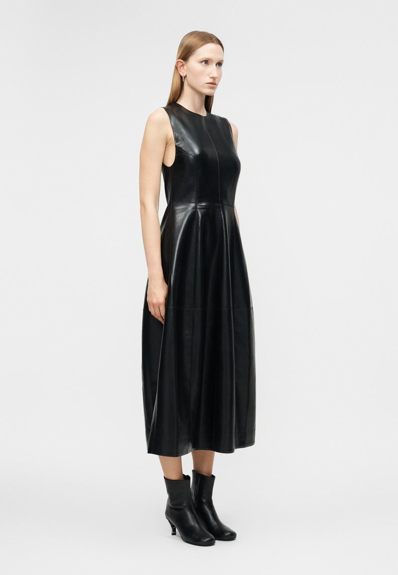 midi leather dress women Womens Teal Blue Midi Leather Dress with Halter Neck  Hides and Cult