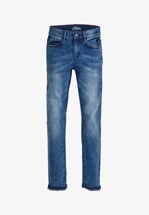 Midblå slimfit jeans med let falmet effekt, femlomme-stil, knap- og lynlåslukning samt s.Oliver-mærket linning.