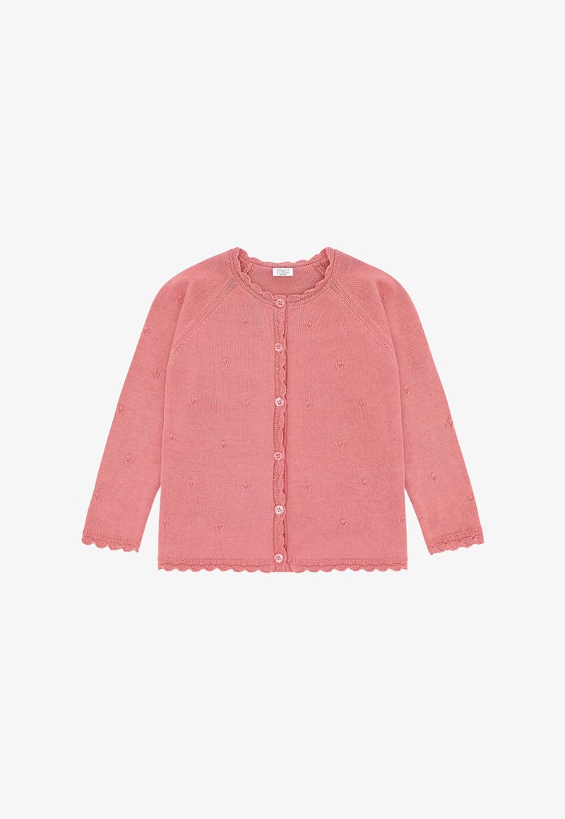 Cardigan pour bébé tricoté rose avec manches longues, bords festonnés, petit motif à pois et fermeture à bouton sur le devant.